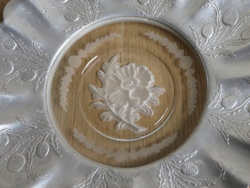 Vintage Metal-ware Aluminum Dish w. Engraved Glass Center - Picture 2 of 10
