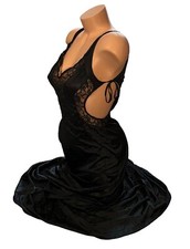 MOVIE STAR Black Shiny Satin Tie Sides Sheer Lace Long Nightgown Womens