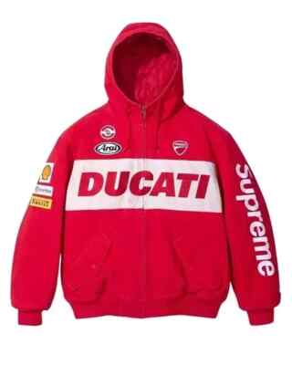 Unisex Red TLJ Supreme Ducati Hooded Biker Handmade Jacket Denim Racing  Jacket
