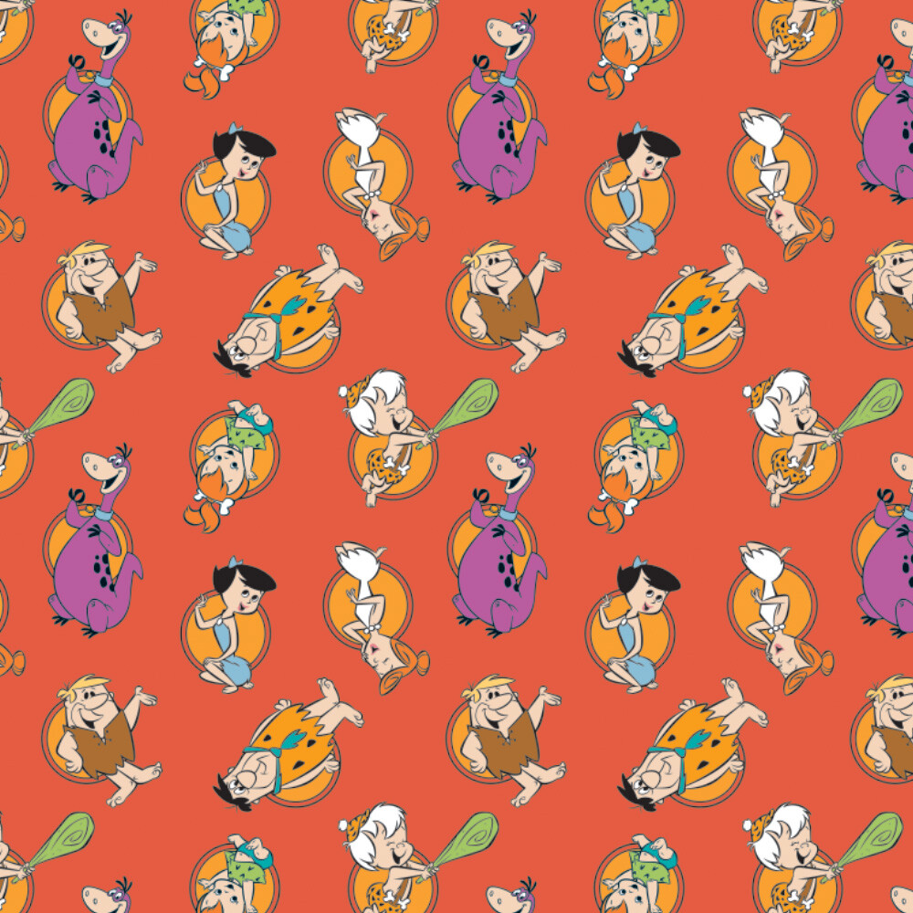 Fat Quarter Flintstones Family Tossed Red 100% Cotton Quilting Fabric