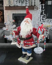 Christmas Santa w/ Silver Tinsel Tree~Primitive Farmhouse Country*Vintage Style