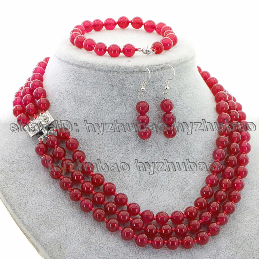 3 Rows Multicolor Gemstones Round Beads Knot Necklace Bracelet Earrings Set AAA - Изображение 3 из 4
