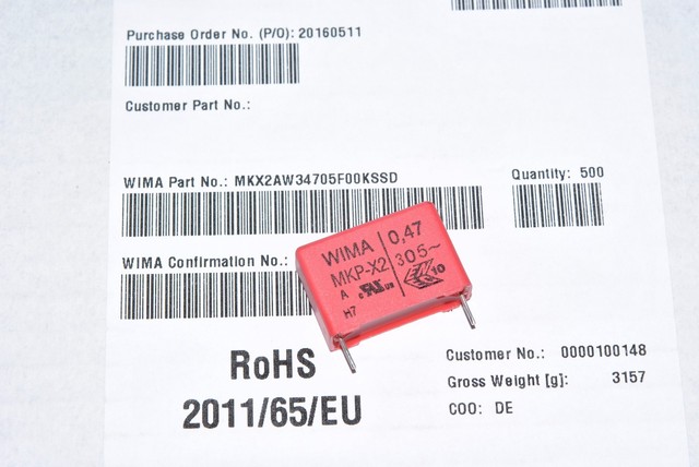 2pcs - WIMA MKP-X2 0.47uF (0,47µF 470nF) 305Vac 10% pitch:22.5mm RFI ...