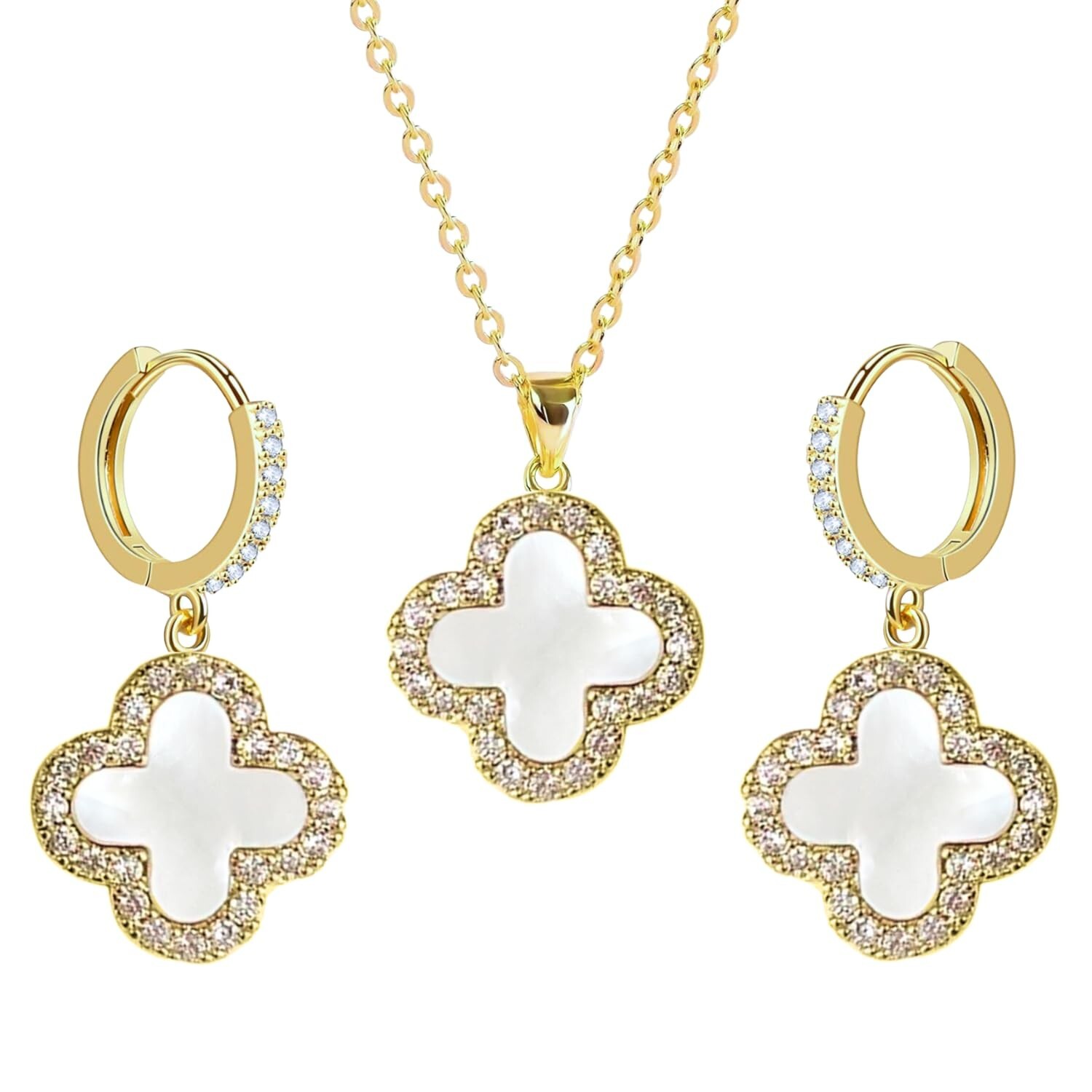 Studded Clover Necklace and Hoop Earrings Set for Women | Designer Jewelry
