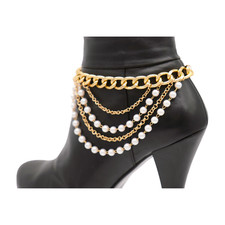 Women Gold Metal Boot Chain Bracelet Shoe Anklet Wave Pearl Bead Strap Band Wrap