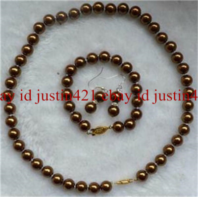 AAA 8mm Chocolate South Sea Shell Pearl Necklace Bracelets Earring Jewelry Set