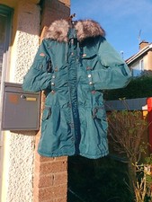 Khujo Coat Size S In Teal Hood With Detachable Faux Fur, Multiple Pockets