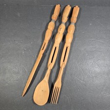 Vintage MCM Carved Wooden Fork Spoon Knife Decor 14.5" TIKI Face Tribal
