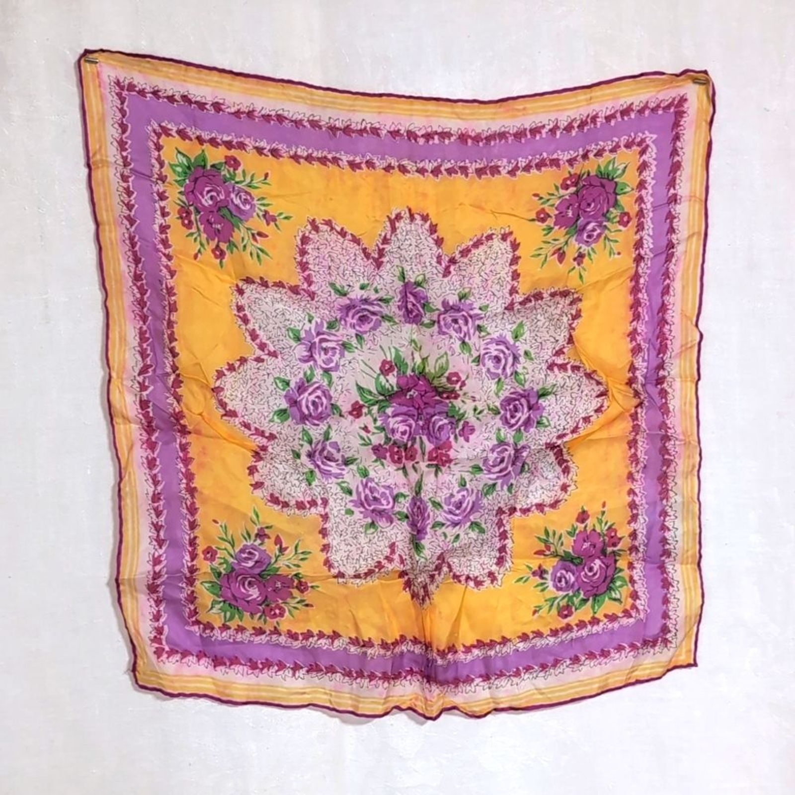 Vintage Gold Purple Floral Square Silk Scarf Rolled Edging