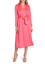 New Tahari Pink Wrap Front Long Sleeve Satin Midi Dress, Size 8
