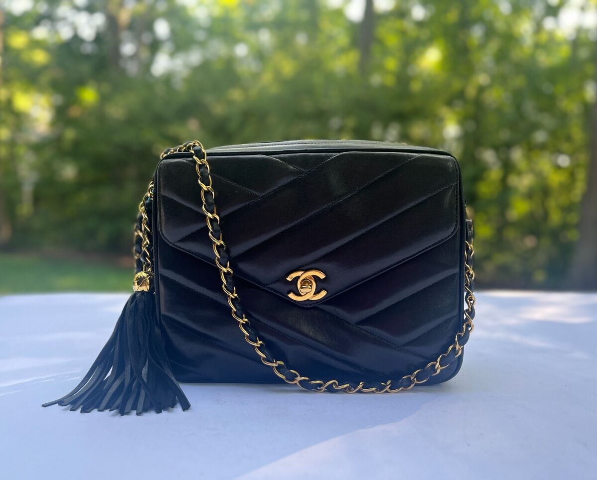 Authentic CHANEL Lambskin Leather CC Bias Stitch in Black