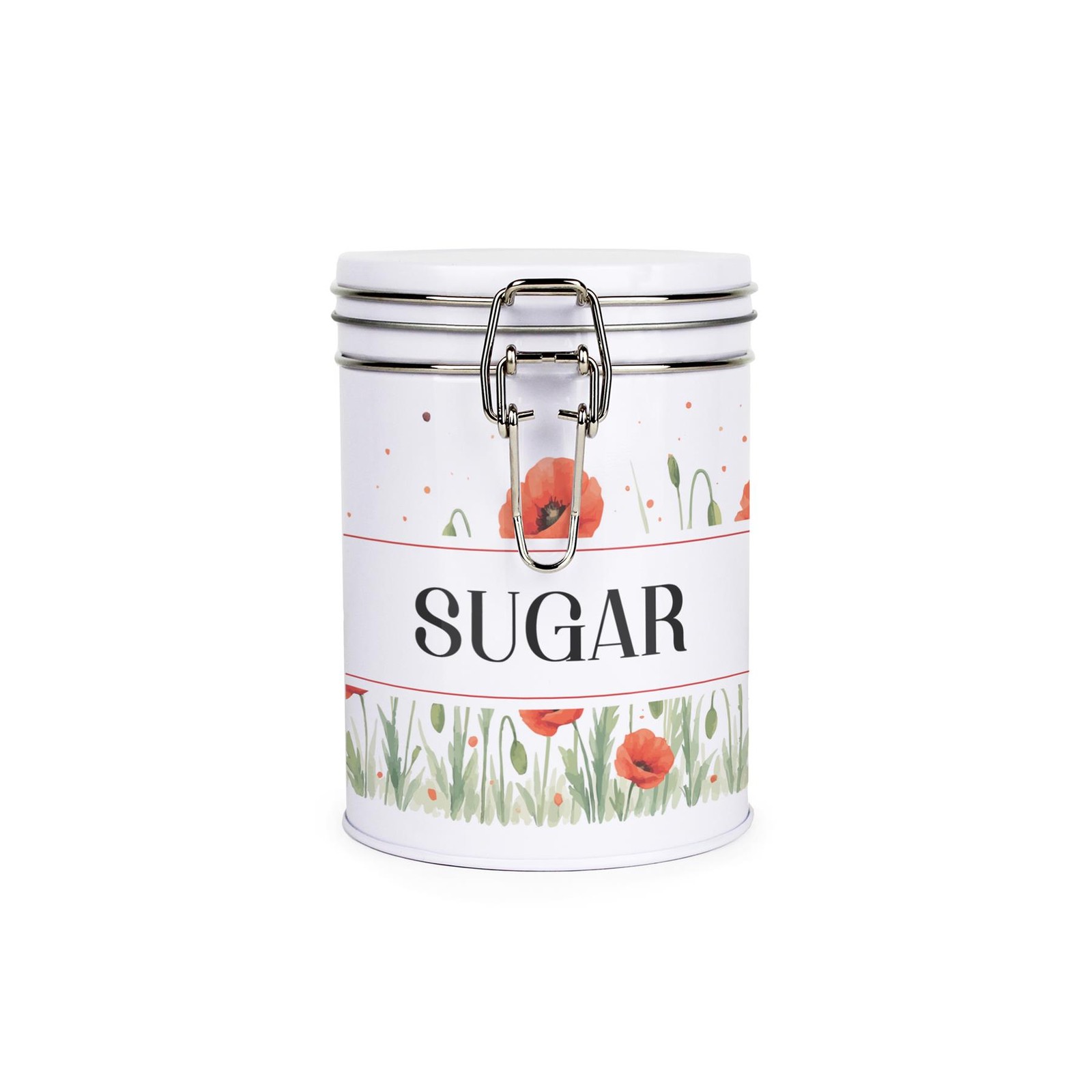 Red Poppies Sugar Canister - Metal Clip-Lid Floral Kitchen Storage Gift