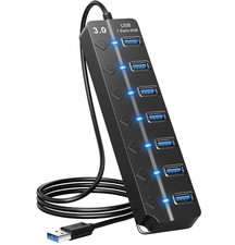 USB Hub 3.0, 7-Port USB Hub Splitter with Individual On/Off Switches and Lights