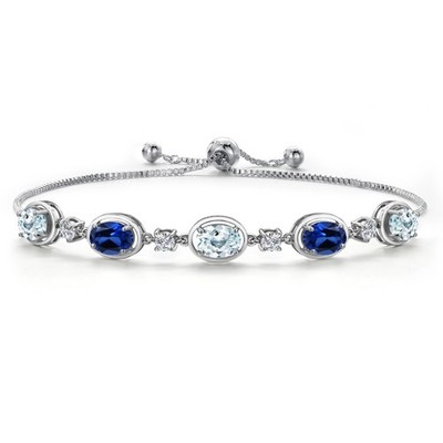 925 Sterling Silver Aquamarine and Created Sapphire and Lab Grown Diamond
