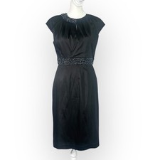 Adrianna Papell Cocktail Dress Women's 4 Black Satin Beaded Cap Sleeve Sheath