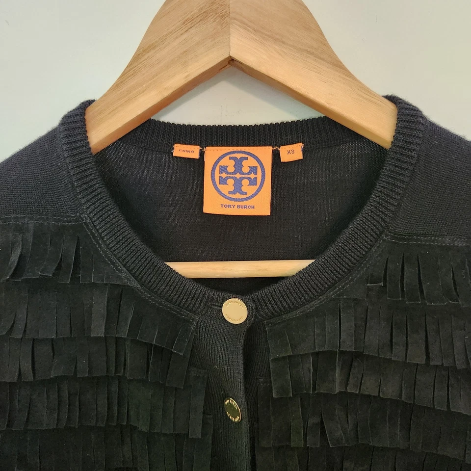 Cárdigan Suéter Tory Burch XS Mujer Negro Lana Merino Cuero Flecos Carrera Foto 2 de 4