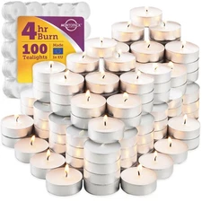 Unscented Tea Light Candles 100 Pack, 4hr, White, Smokeless, Dripless, Bulk
