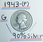 1943 (P) Washington Quarter In Good Condition 90% Silver Nice war History Coin *
