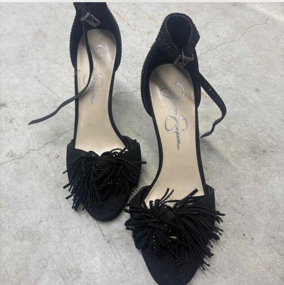 Jessica Simpson Black Rhinestone Strappy Ankle Strap Open Toe Stiletto Heels 10