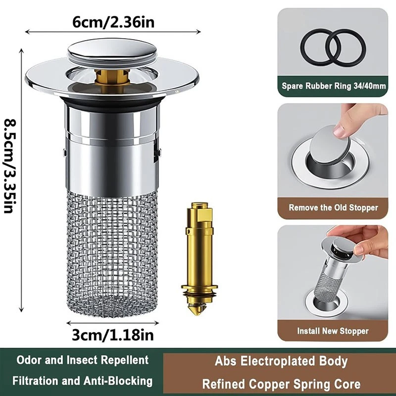 2 Stück Edelstahl Abflussstopfen Up Waschbeckenstöpsel Abflusssieb 34-40mm XY - Bild 2 von 4