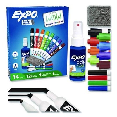 EXPO Low-Odor Dry Erase Marker, Eraser & Cleaner Kit, Med Assorted Tips, 12/Set