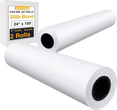 Wide Format Plotter Paper, 24 In x 150 Ft, 2 Rolls, CAD Bond, 20lb Bond on 2''...