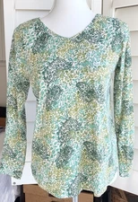 J Jill Women S Petite Top Long Sleeve Floral Casual Paisley V Neck Cotton Green