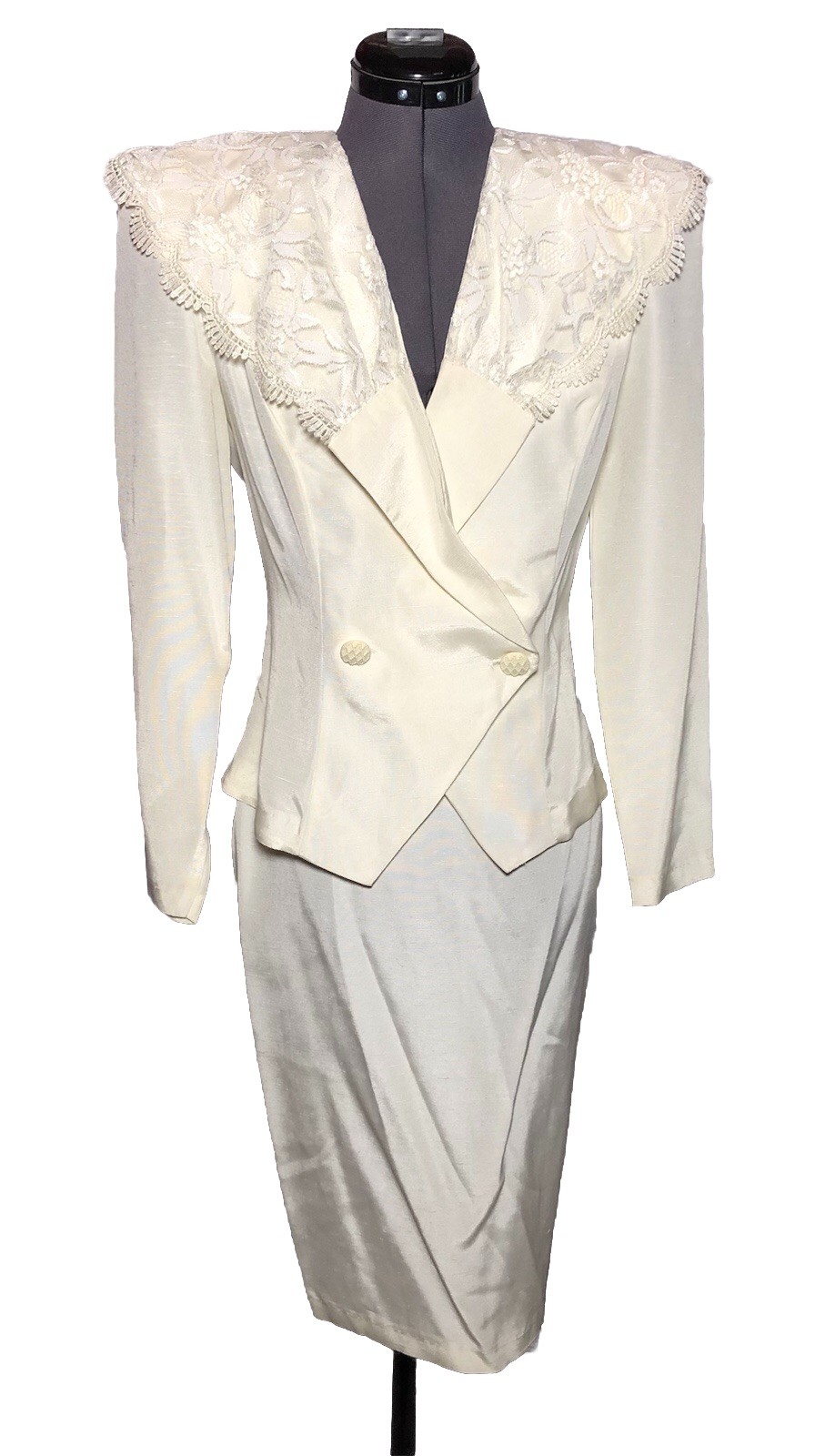 Vtg 80s 90s Power Skirt Suit Set Blazer Ivory Lace Formal 36-25-36 XS/S