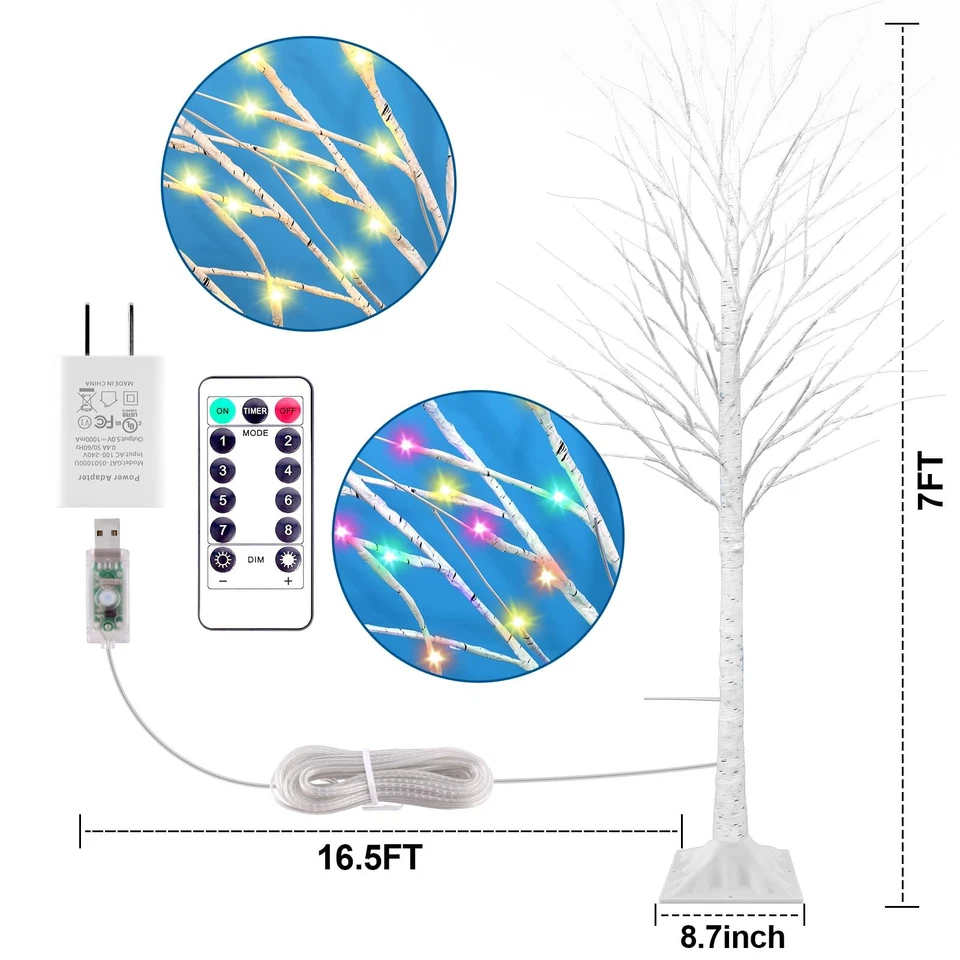 Árbol de abedul iluminado de 7 pies con 170 luces LED blancas cálidas y multicolores, 8 modos, Foto 2 de 4