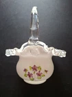 Vintage Fenton Silver Crest Milk Glass Hand Painted Violet Flower 6 in Basket