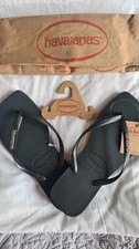 Havaianas Slim Square Toe Silver Metal Logo Black Flipflops Size UK 5 EU 39/40