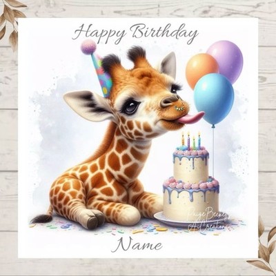 Personalisierte Grußkarte Giraffe Essen Geburtstagstorte beliebiger Name/Beziehung