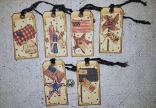 6~Primitive~July 4th~Patriotic~Fussy Cut~Linen Cardstock~Gift~Hang~Tags~Ornies
