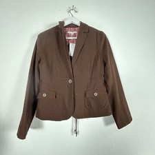 CAbi 525 Womens Brown One-Button Blazer Jacket Size 10 Red Patterned Lining New