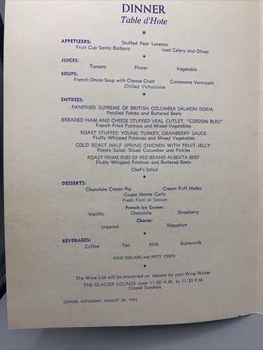 Pair August 1961 Canadian Pacific Hotel Railroad Menus-Banff Springs/Lake Louise - Picture 7 of 14