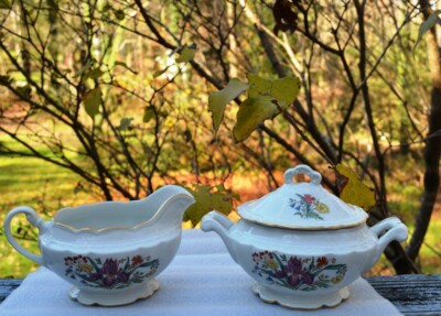 EMBASSY VERIFIED CHINA SUGAR BOWL AND CREAMER IN FLORAL PATTERN