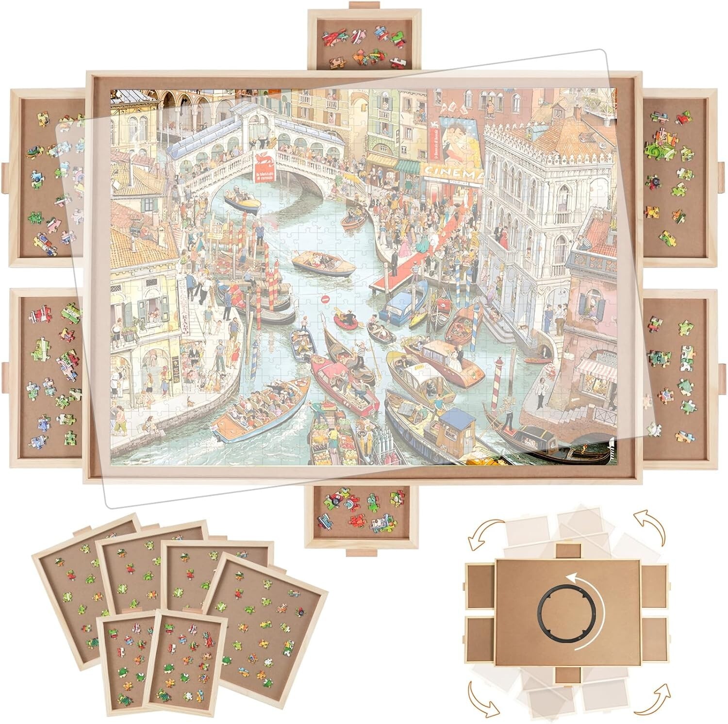 Large Rotating Puzzle Board (2000 Pieces) with Lazy Susan & Drawer Organization