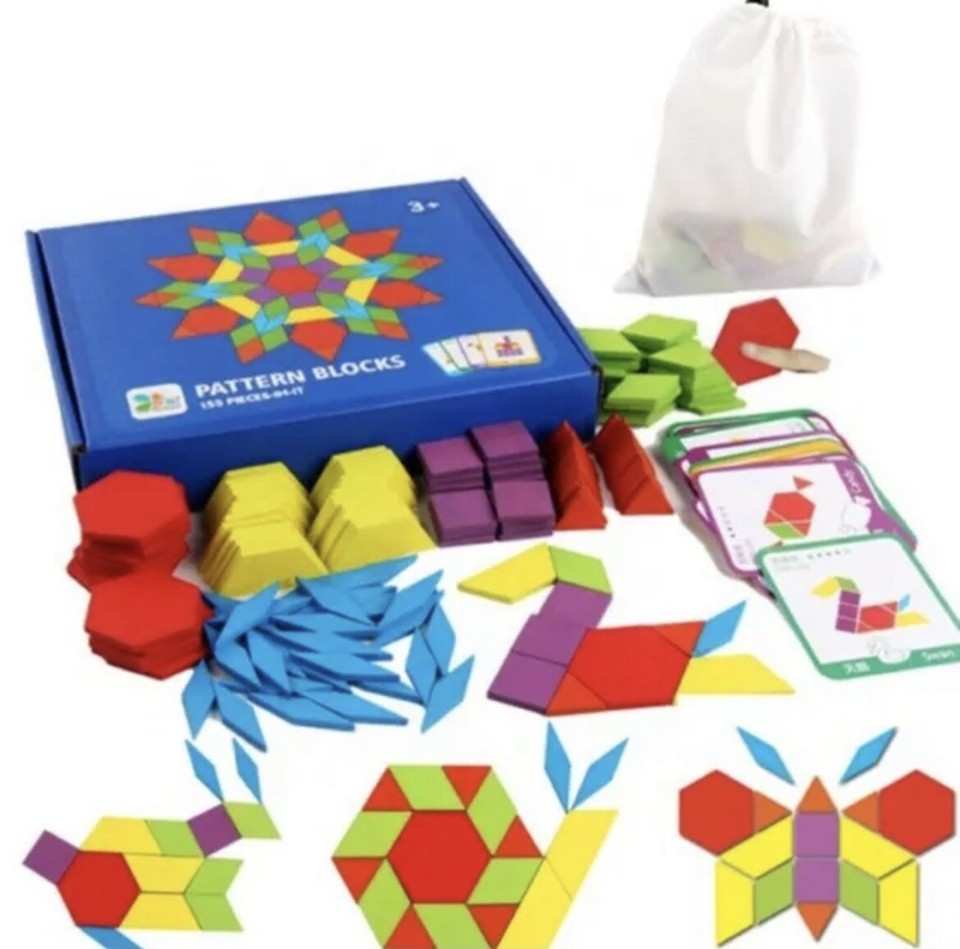 155 Pieces Wooden Puzzle Montessori Pattern Blocks Educational Toy ...