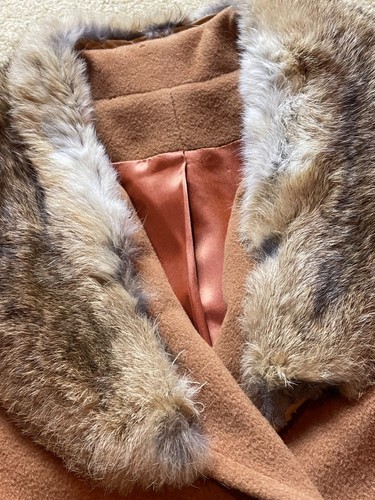 Vintage 60s 70s Disco Wool Belted Fur Collar Double Breasted Short Trench Coat S - Picture 11 of 15