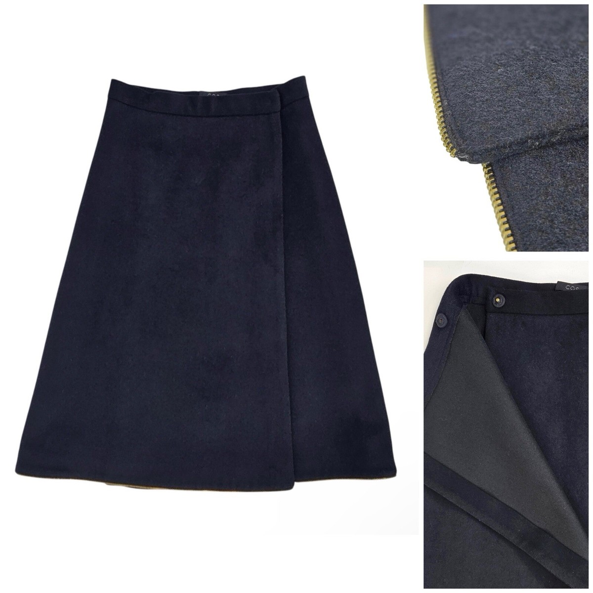 COS Zipper Hem Wrap Midi Skirt Navy Felt Wool Size 34 S | eBay