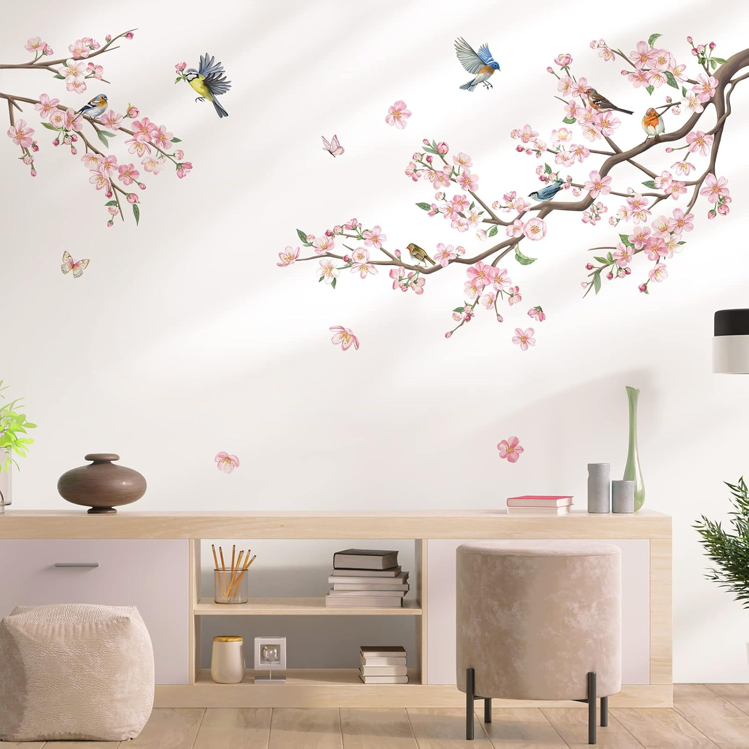 Flower Branch Wall Stickers Pink Blossom Floral Birds Wall Decals Kids Bedroom L
