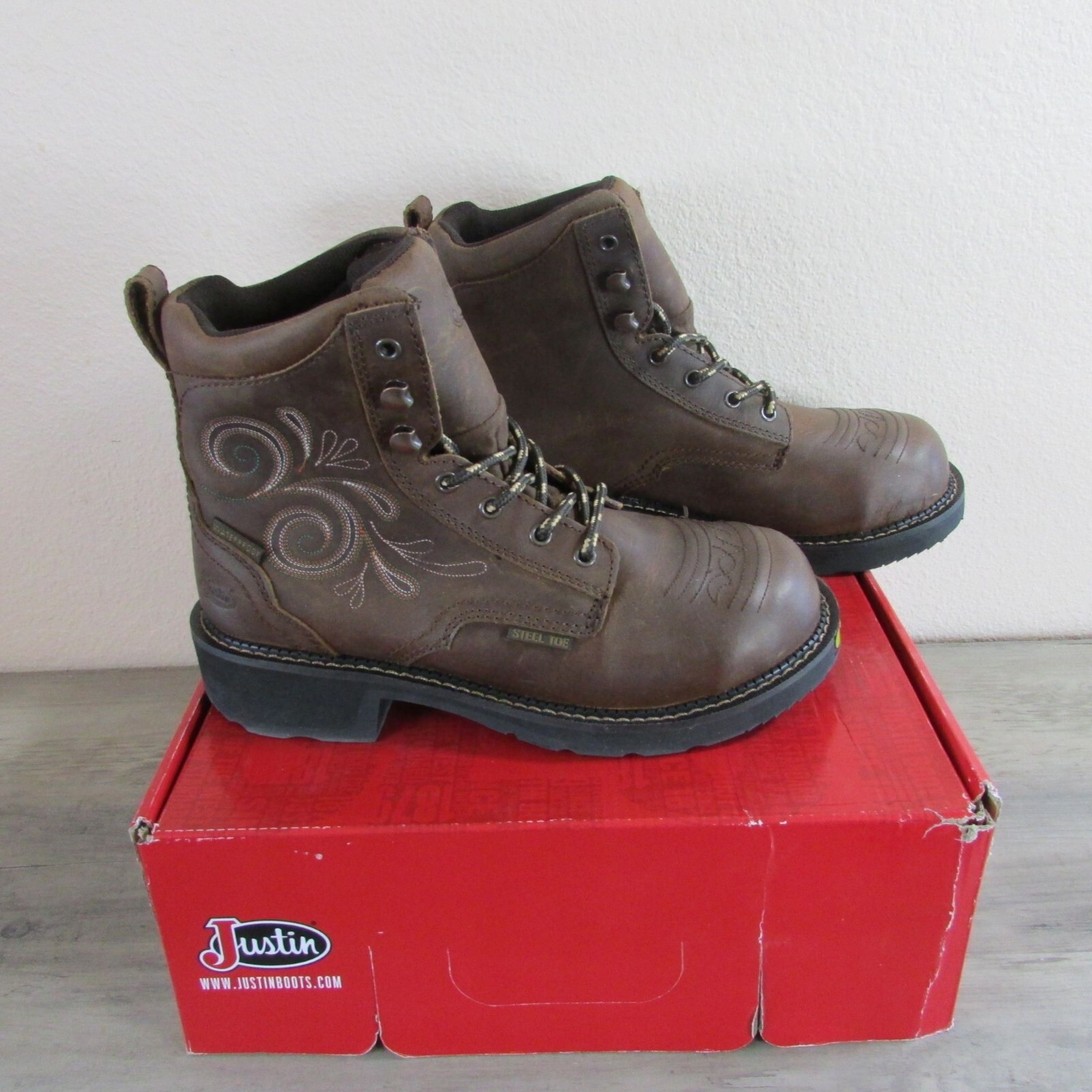 Justin Women's Katerina 6-Inch Waterproof Steel Toe Work Boots in Aged Bark Water Buff