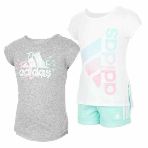 Adidas Three (3) Pc Shorts & Shirt Set ~ Girl's Size 5 ~ Gray ~ White ~ Green