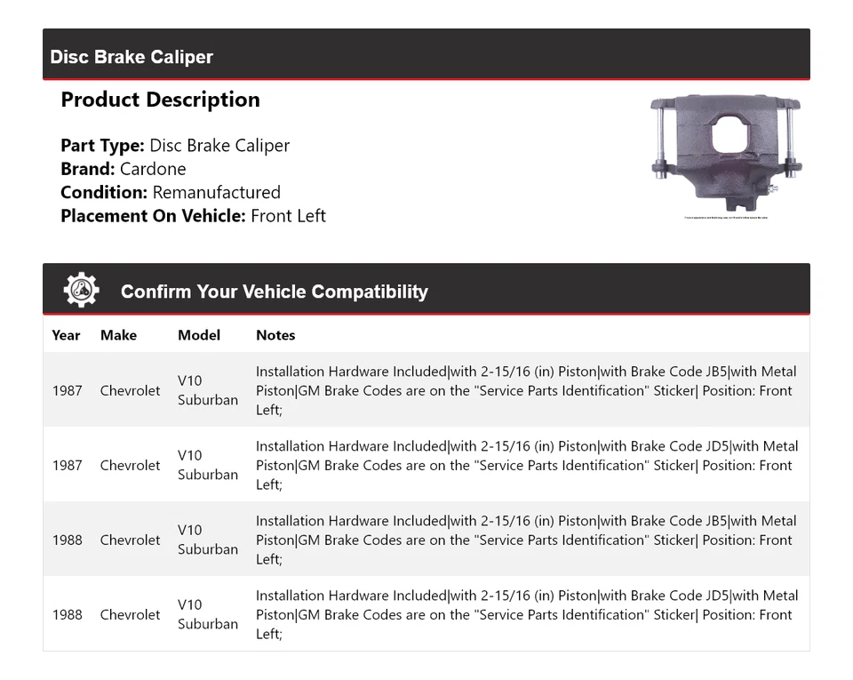 Pinça de freio a disco dianteira esquerda Cardone Chevrolet V10 Suburban 1987-1988 - Imagem 2 de 4