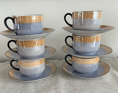 Lusterware Set 6 Cup Saucer Blue Orange Black PM Bavaria Moschendorf Iridescent