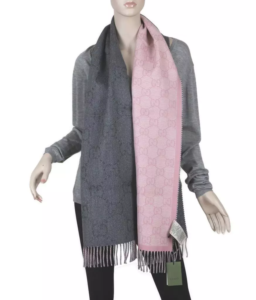 FOULARD CHÂLE NEUF GUCCI GG LAINE JACQUARD RÉVERSIBLE GRIS ROSE JUMBO GG