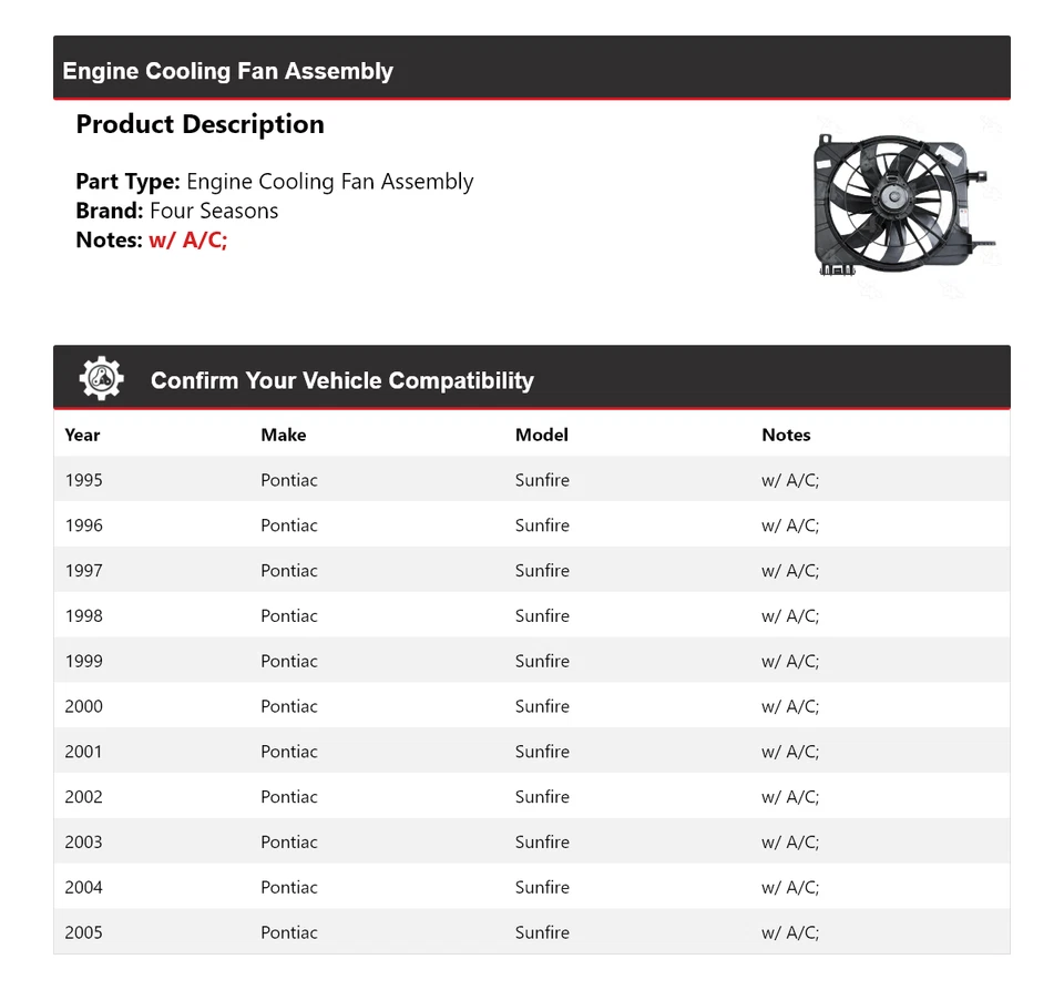Conjunto de ventilador de refrigeración para motor Pontiac Sunfire 1995-2005 4 estaciones 1996 1997 Foto 2 de 4