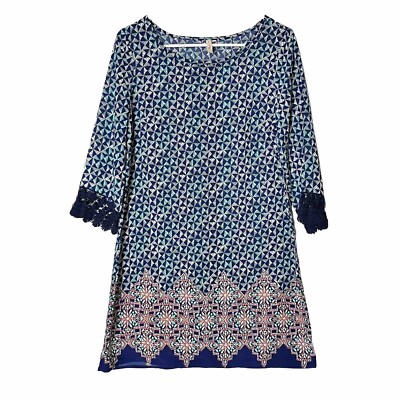 Red Camel (Size M) Women s Boho Blue Geometric Crochet Sleeve Tunic Dress