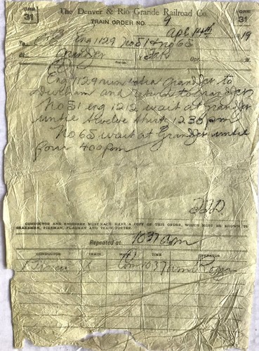 Lot 1 Train Order Denver & Rio Grande RR Grand Junction April 14 1919