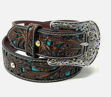 ARIAT LADIES FLORAL TOOLED W/TURQUOISE INLAY BELT GENIUNE LEATHER SIZE MEDIUM